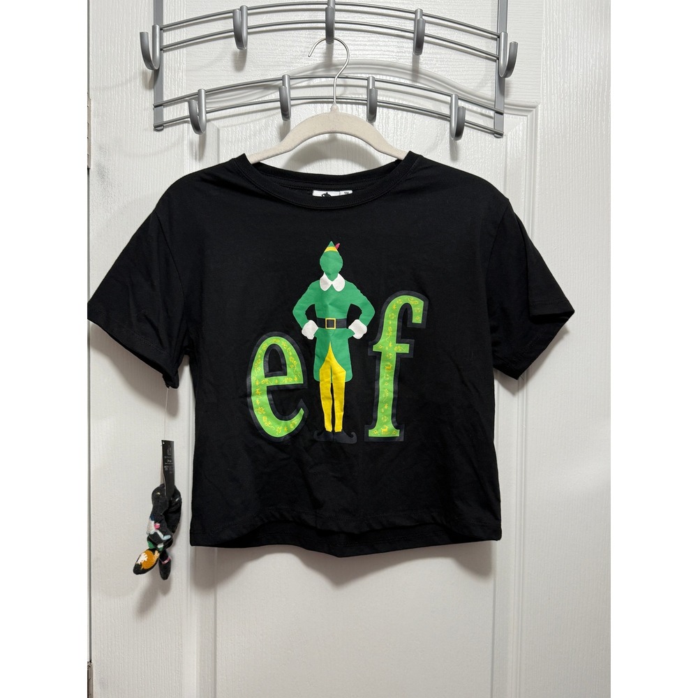 Mighty Fine Womens Elf Movie Buddy The Elf T‎ Shirt Black Size SM crop boxy NWT